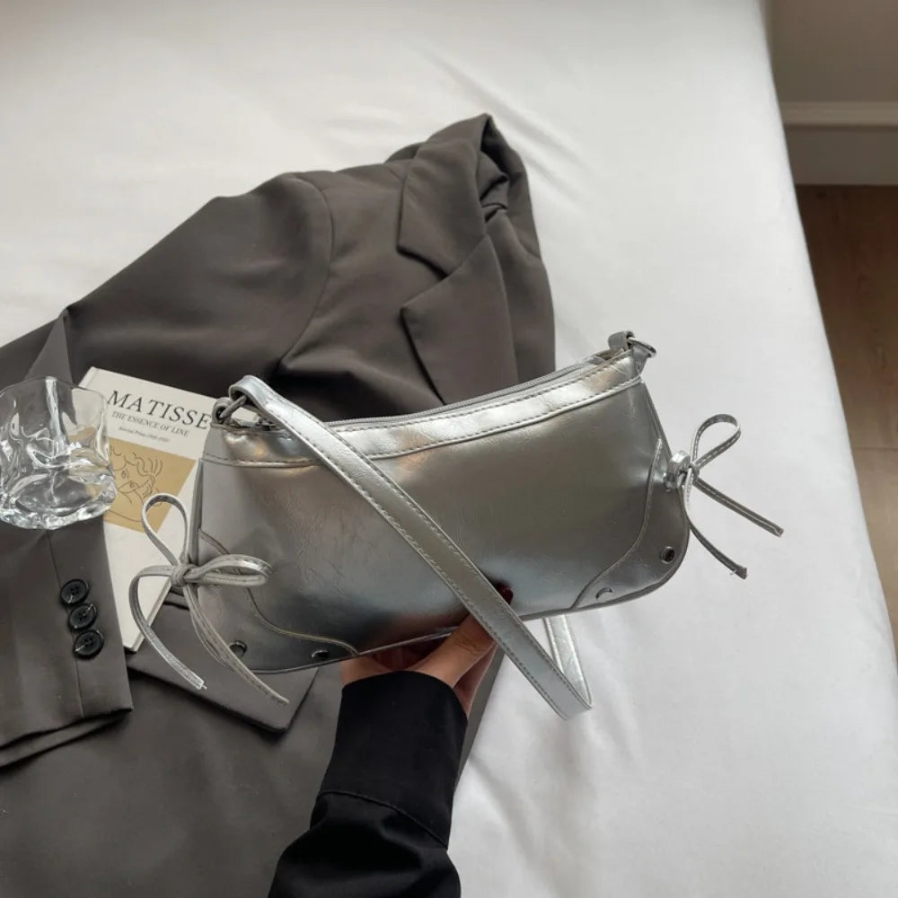 Y2K Designer Solid Color Shoulder Bag | Fashion PU Leather Bow Tie Armpit Bag for Women & Girls Luxegan