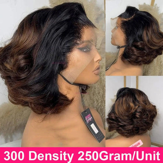 Ombre Chotolate brown Loose Bouncy Wave 4x4 HD Lace Closure Human hair Wigs 100% Vietnamese Hair Wear and Go Glueless Curly Wig