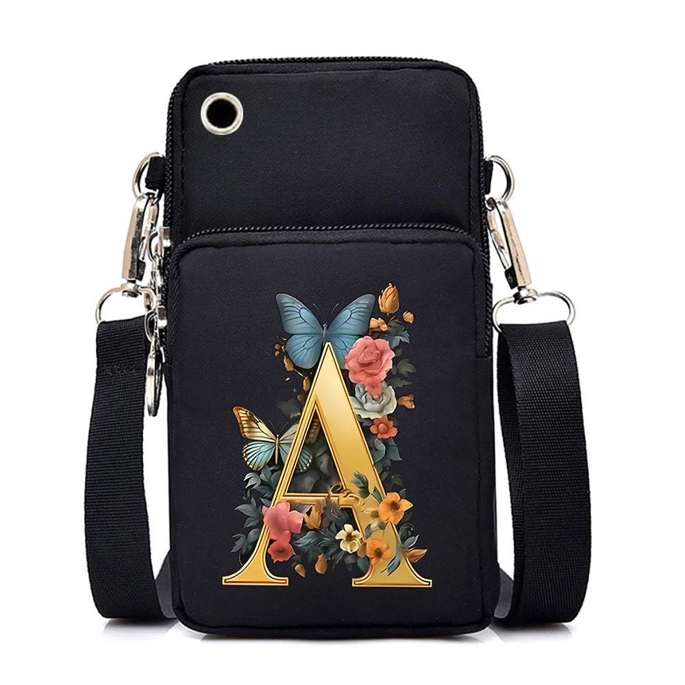 Women’s Small Crossbody Mobile Phone Bag | Sophisticated Vintage Flower & Alphabet Purse | Elegant Mini Messenger with Soft Leather Strap | Fashion-Forward Cartoon Applique Shoulder Bag (Model 858) Luxegan
