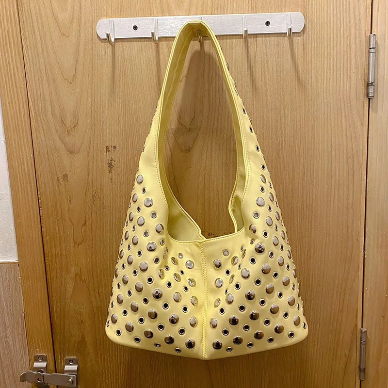Women's Cool Large Capacity Casual Bucket Tote Bag | Premium Microfiber Synthetic Leather Underarm Shoulder Bag | High-Quality Rivet Appliques Female Handbag Model 54564655 Luxegan