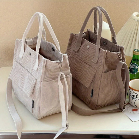 Corduroy Fashion Shoulder Bags, College Style Multi Pocket Single Shoulder Handbag, Suitable for Commuting and Picnicking