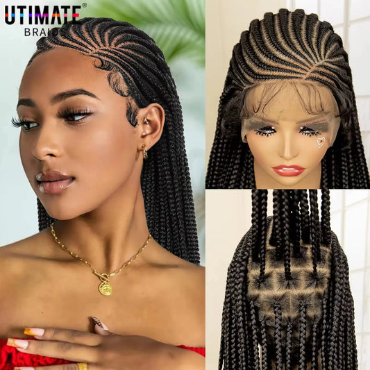 Full Lace Cornrow Braided Wigs for Black Women Handmade Synthetic Long Box Braided Wig with Baby Hair Lace Front Braids Wigs Luxegan