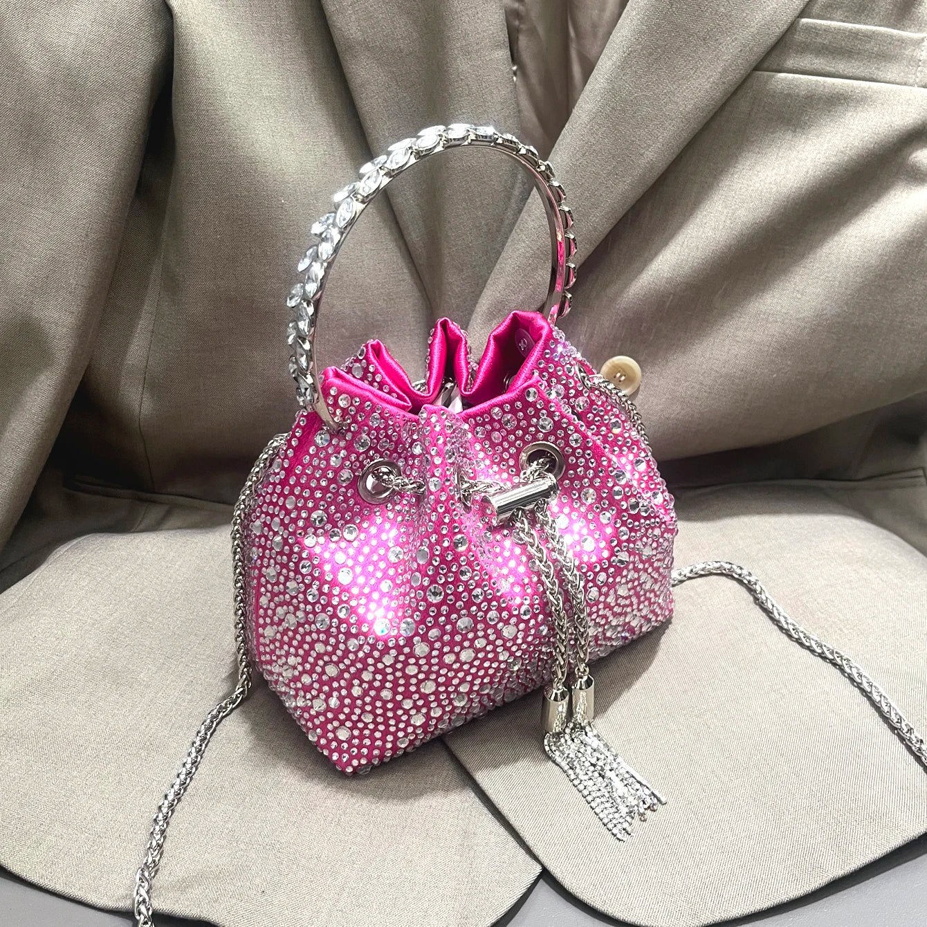 Luxury Designer Rhinestone Evening Clutch | Shiny Crystal Bucket Handbag & Fashion Shoulder Bag Luxegan