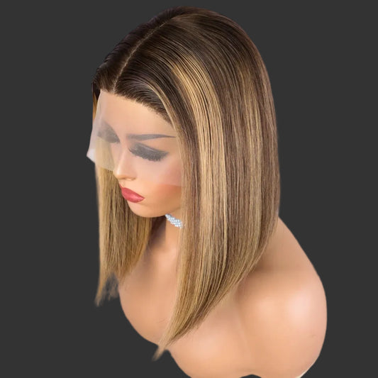Highlight Blonde Straight Short Bob Wig - 13x6x1 T-Part Transparent Lace Frontal Human Hair Wig - Glueless Brazilian Remy Hair Bob Wig for Women (4-16 Inches) Luxegan