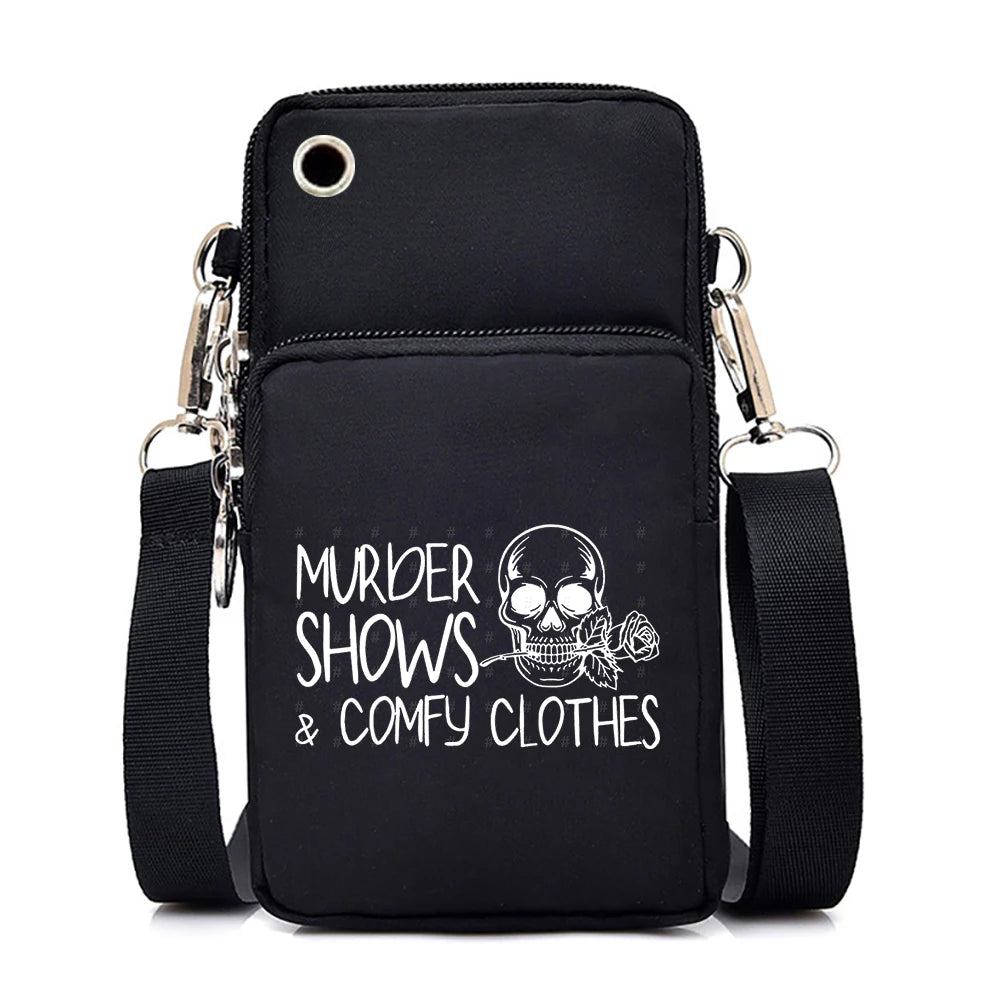"Dead Inside But Love Cats" Shoulder Bag | Sophisticated Funny Vintage Skeleton Purse | Elegant Cartoon-Print Mobile Phone Bag | "Dignified" Soft Nylon Mini-Handbag for Versatile Casual Styling Luxegan