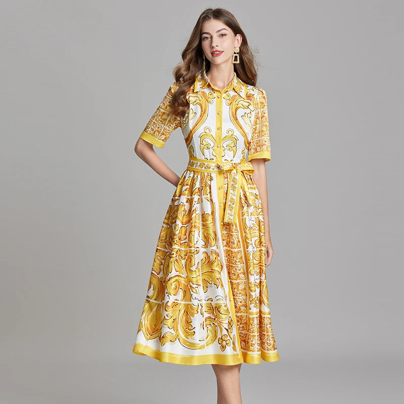 Floral Print A-Line Shirt Dress – Turn-Down Collar, Belted, Short Sleeve Luxegan