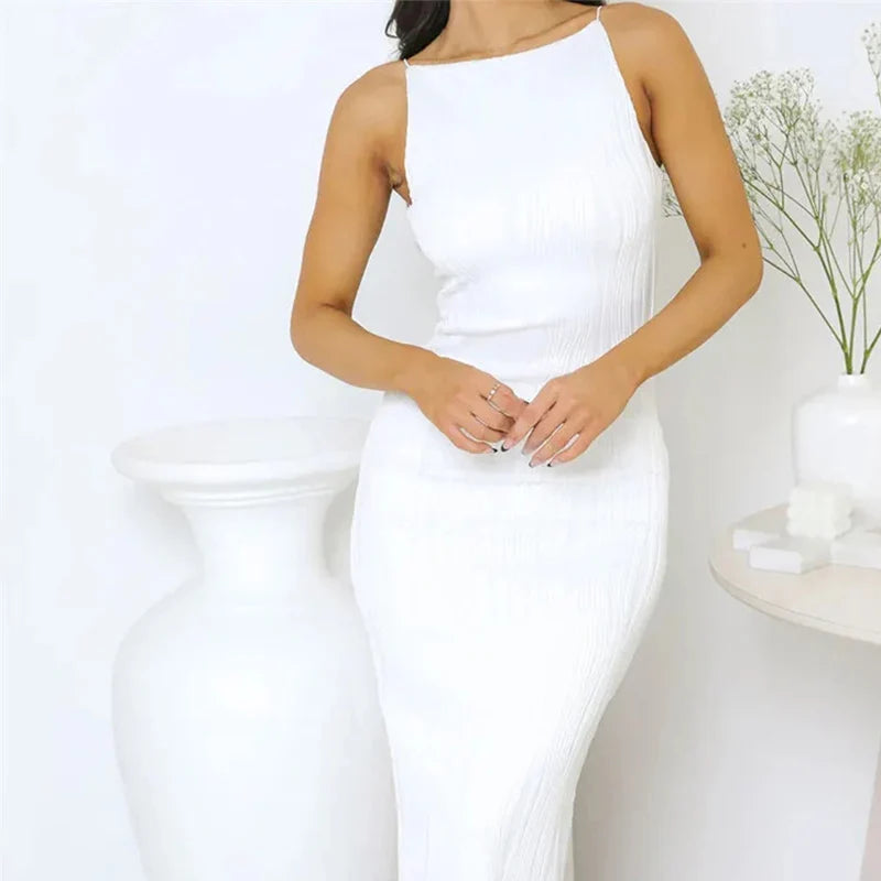 Sexy Solid Ruched Long Dress | Sleek Back-Split Summer Party Clubwear | Sleeveless O-Neck High-Stretch Pencil Maxi Dress Luxegan