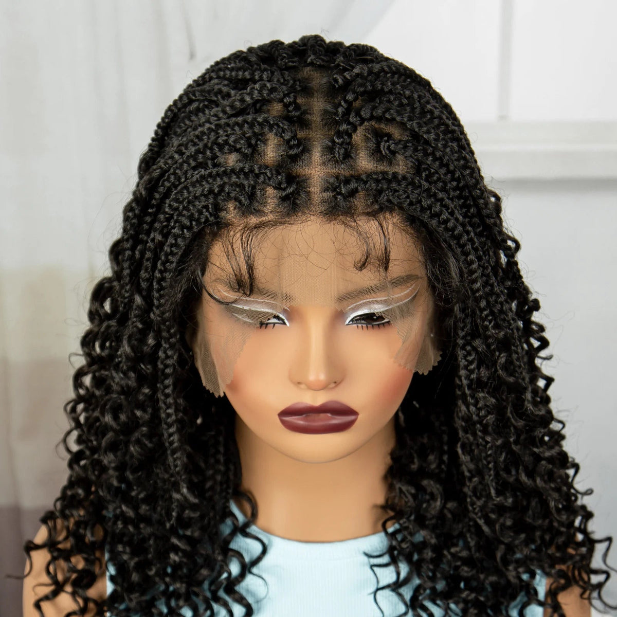 Full Lace Braided Lace Wigs Synthetic Knotless Box Braided Lace Wig with Curly Ends for Black Women Kinky Curly Braided Bob Wig Luxegan