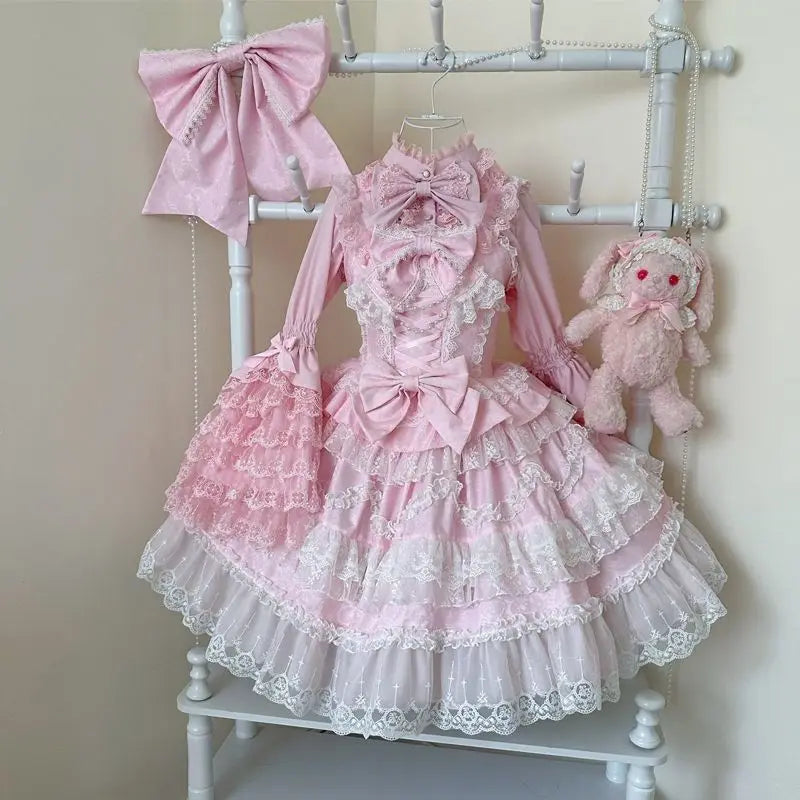 Women's Victorian Sweet Lolita Princess Dress | Kawaii Cute Lace Ruffle Flower Wedding Gown | Japanese Retro Elegant Bow Mini Dress | Premium Tatting Full Sleeve All Season Vestido Model LY014D5368 Luxegan