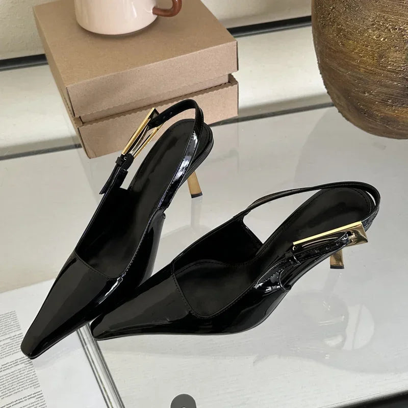 Summer New Fashion Slingback Pumps | Sophisticated Transparent Pointed Toe Heels | Elegant "Patent Leather" Dress Sandals | "Dignified" High Thin Heel Wedding Shoes for Radiant Versatile Styling Luxegan