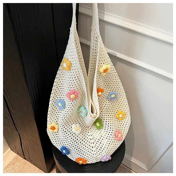 Hollow Mesh Knitted Shoulder Bag | Slouchy Chic Cartoon Beach Tote | Lightweight Laid-Back Woven Handbag | Spring & Summer Versatile Nylon Satchel for Women Luxegan