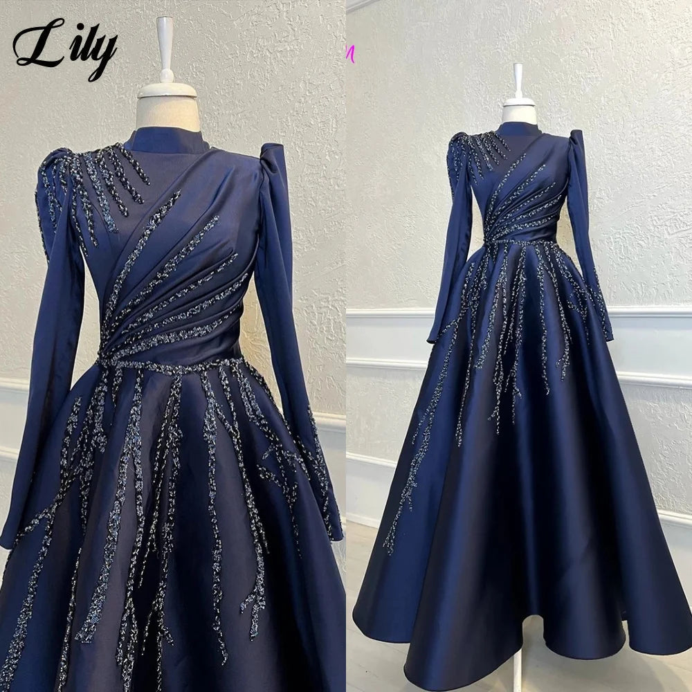 Lily Dark Blue Elegant Prom Dresses Satin High-Neck Long Sleeves Evening Dresses with Beaded Embroidery فساتين السهرةCustomized