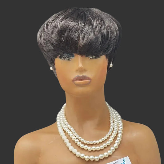 Glueless Full Lace Short Pixie Cut Wig | 100% Brazilian Human Hair Pixie Bob with Bangs | Premium Remy Hair Straight Wigs for Women | Medium Brown Normal Lace Free Part Natural Color Short Vestido Luxegan