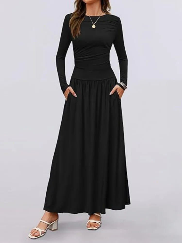 Autumn New Arrivals Long Sleeve Maxi Dress | Comfortable High-Stretch Ruched Detail Long Gown | Elegant O-Neck Solid Color Multi-Color A-Line Dress | Premium Tatting Regular Fit Ankle-Length Everyday Wear Luxegan