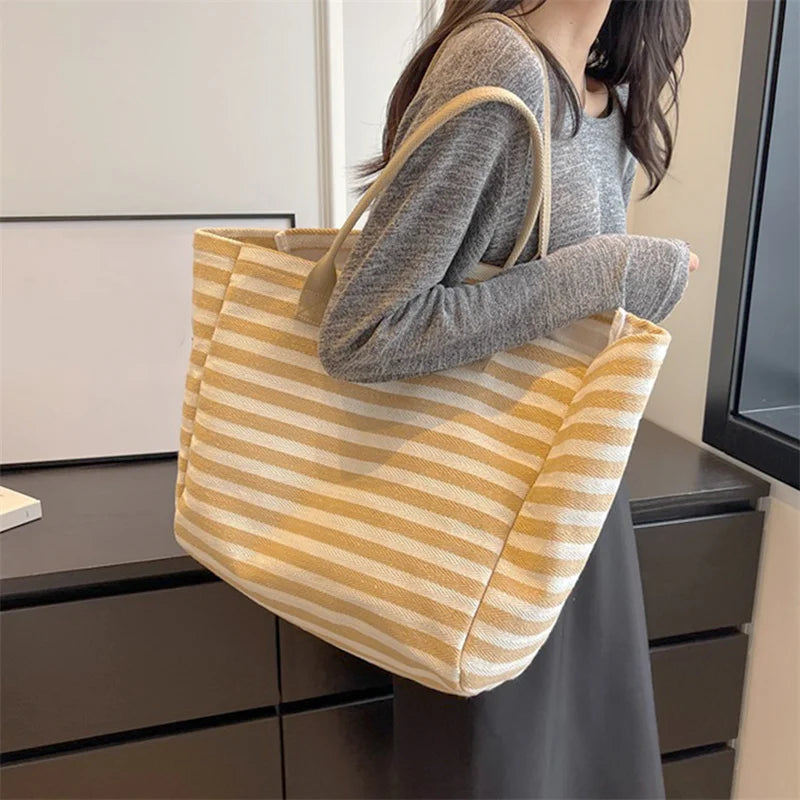Casual Striped Canvas Bag for Women | Large Capacity Shoulder Bag & Daily Shopping Tote (Student Bookbag for School, Travel, Beach) Luxegan