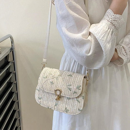 Flower Woven Saddle Bag | Cute Straw & Lace Embroidery Handbag Luxegan