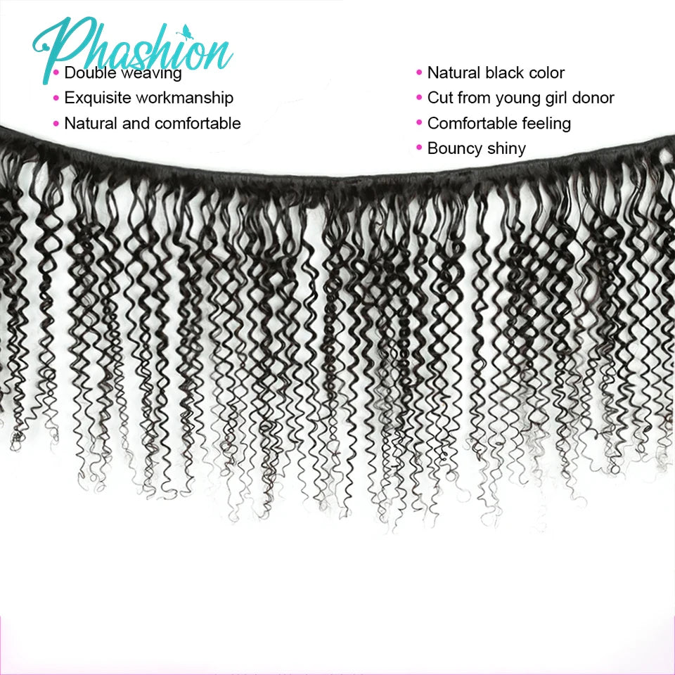 Phashion Kinky Curly Human Hair Bundles With 13x6 Lace Front Closure HD Transparent Brazilian Jerry Curl Weave and Closures Soft