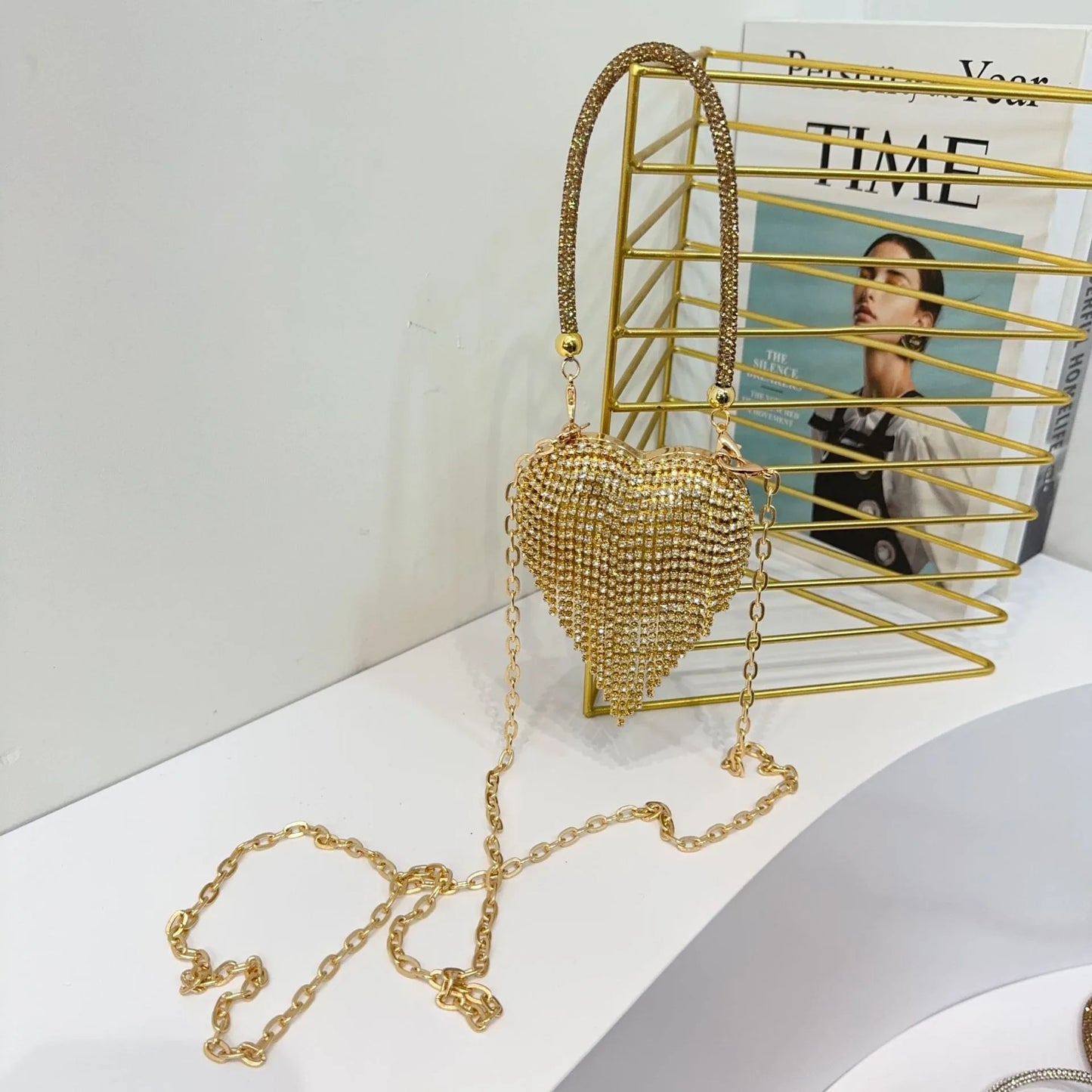 Luxury Mini Heart-Shape Crystal Clutch | Hard Diamond Inlay Evening Party Handbag - view 23