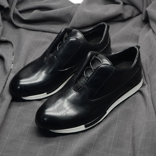 Luxury Brand Style Hand-Painted Sneakers | Sophisticated Genuine Cow Leather Lace-Ups | Elegant "Classic European" Silhouette | "Dignified" Anti-Slip Rubber Sole for Radiant Versatile Winter Styling Luxegan