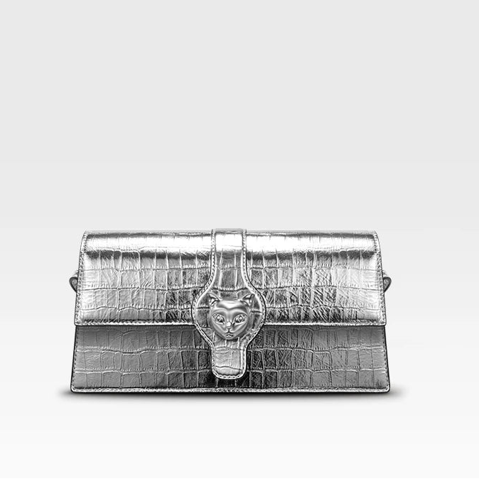 New Luxury Women's Silver Leather Clutch | High-Quality "Cat Brand" Fashion Handbag | Stylish Hard Satchel Evening Purse with Lock Decoration Luxegan