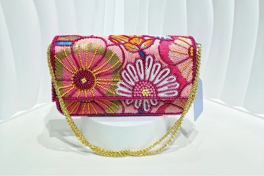 Women’s Handmade Beaded Crystal Purse | Luxury Rhinestone Wedding Clutch | Small Phone Case Evening Shoulder Bag | Floral Patterned Fashion Handbag with Hasp Closure Luxegan