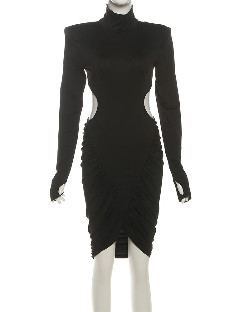 Sisterlinda Ruched Elegant Dress Women Autumn Turtleneck Full Sleeve Hollow Waistless Backless Street Sexy Fashion Mini Bodycon