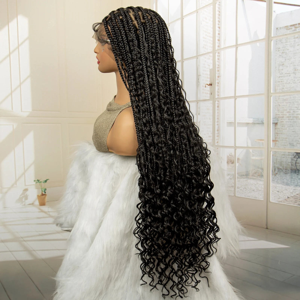 36 Inches Long Boho Braided Wigs with Baby Hair Synthetic Full Lace Knotless Box Braiding Wig with Curly Lace Frontal Wig Luxegan