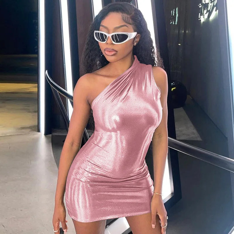 One-Shoulder Draped Mini Dress – Asymmetric, Slim Sheath, Stretch Knit Luxegan