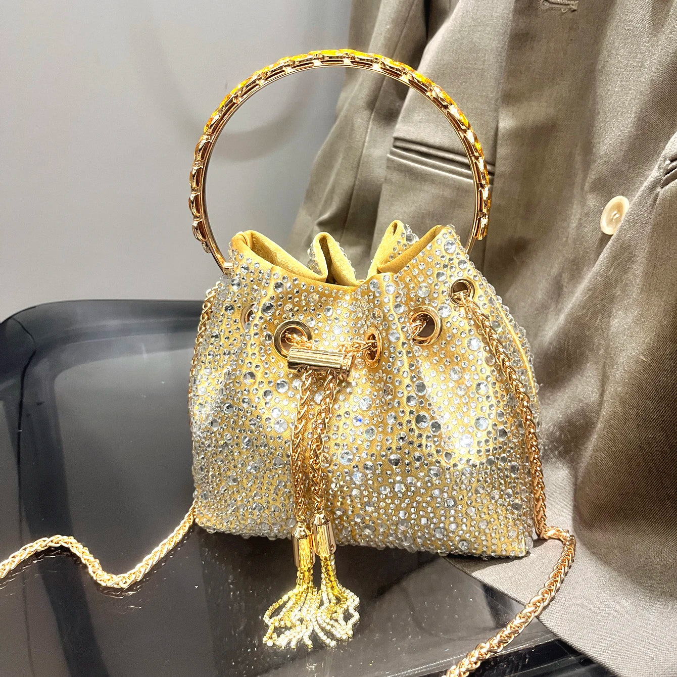 Luxury Designer Rhinestone Evening Clutch | Shiny Crystal Bucket Handbag & Fashion Shoulder Bag Luxegan
