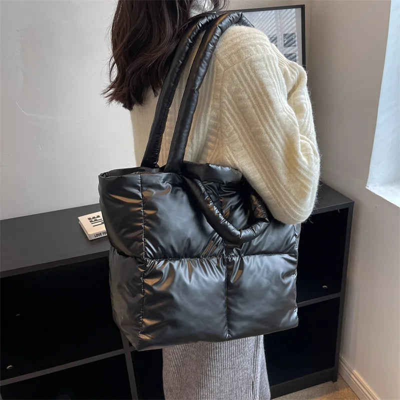 Designer Puffy Shoulder Bag Women Quilted Space Down Feather Padded Cotton Handbag | Winter Large Capacity Warm Shopping Purse Luxegan