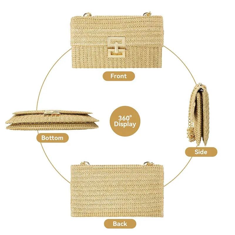 Straw Envelope Evening Party Handbag | Women's Woven Clutch & Chain Crossbody Purse Luxegan