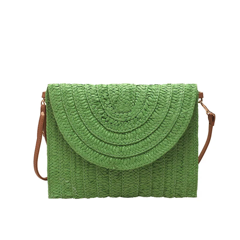 Handmade Woven Straw Envelope Clutch | Sophisticated Fur-Accent Shoulder Bag | Elegant Summer Crossbody Purse | "Dignified" Soft Beach Handbag for Versatile Vacation Styling Luxegan