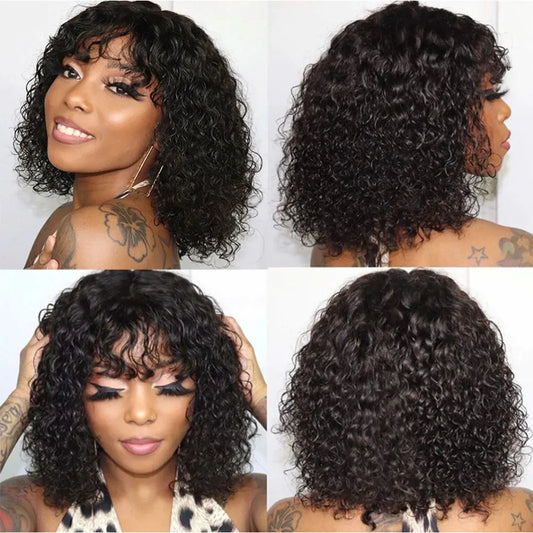 150% Density Peruvian Wet & Wavy Short Pixie Bob Wig with Bangs - Full Machine-Made Glueless Jerry Curly Tutu Wig - 100% Remy Human Hair Wear-and-Go Highlight Fringe Wig for Women (14-20 Inch) Luxegan