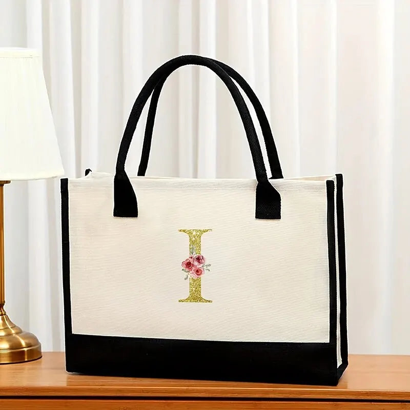 Canvas Gold Letter Fashion Tote Bag | Trendy Metallic Initial Handbag | Large Capacity Canvas Shopping Bag & Daily Satchel for Women Luxegan