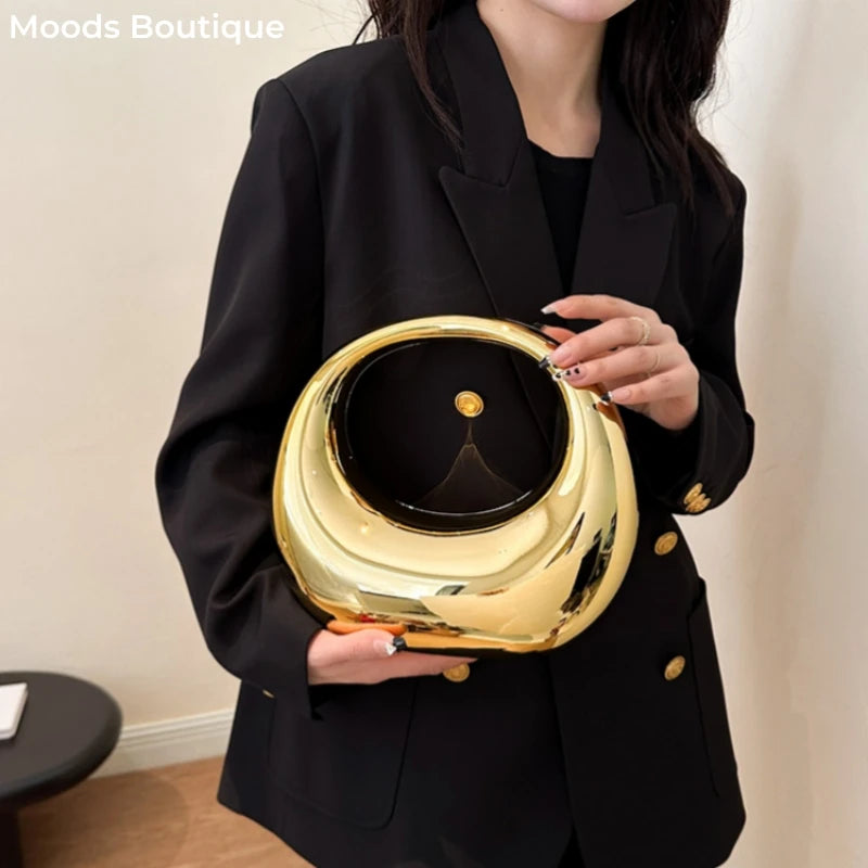 Golden Evening Handbag | Round Handle PVC Wrist Bag & Luxury Designer Clutch Luxegan
