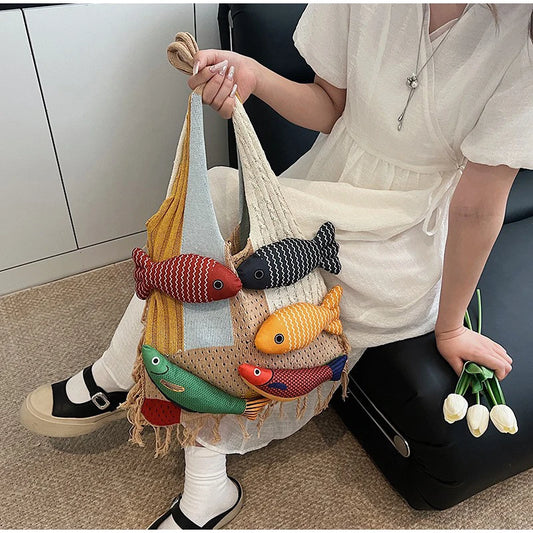 Creative 3D Fish Decoration Shoulder Bag | Fashionable Contrast Color Stitching Tote | Large Capacity Canvas Handbag with Animal Print | Soft Linen-Lined Casual Beach & Travel Bag Luxegan