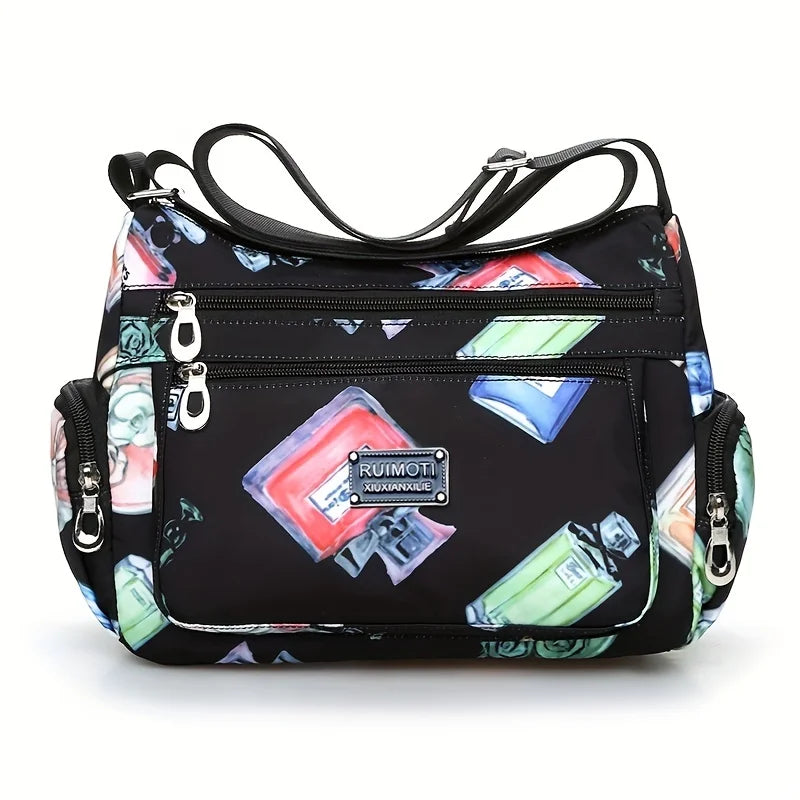 Floral Print Crossbody Bag for Women | Trendy Multi-Layer Nylon Shoulder Bag | Lightweight Travel Messenger & Satchel with Rivet Details Luxegan