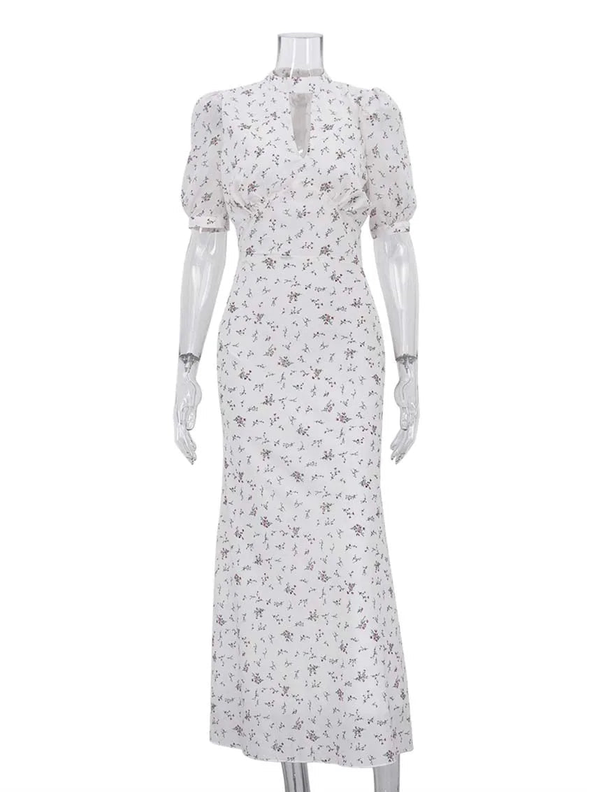  Hollow-Out Print Floor-Length Dress | O-Neck Short Sleeve High Waist Maxi Dress Luxegan