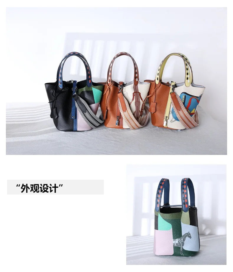 Premium Painting Vegetable Basket Handbag | First Layer Cowhide Genuine Leather Bucket Bag | Artistic Geometric Pattern Tote with Adjustable Strap | Elegant Daily Matching Fashion Purse Luxegan