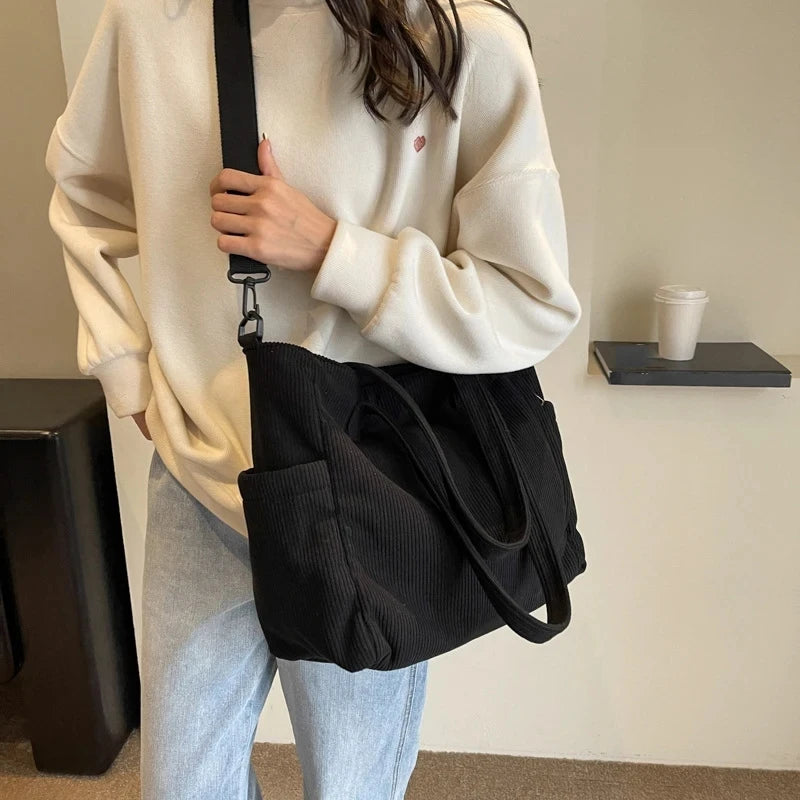 Corduroy Large Capacity Commuting Tote | Fashionable Striped Velvet Shoulder Bag Luxegan