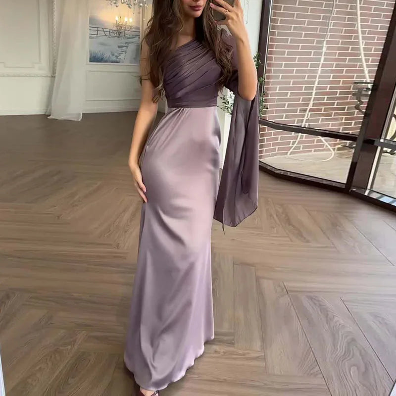 One-Shoulder Hollow Out Satin Spliced Maxi Dress | Long Sleeve Asymmetric Sheath Elegant Party Dress uxegan