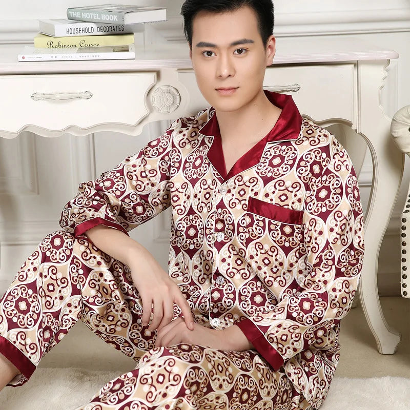 Men's Premium Ice Silk Pajama Set | Luxury Paisley Long-Sleeved Sleepwear Suit | Thin Turn-Down Collar Nightwear | Plus Size High-Quality Home Clothes Male Suit Model SY5004 Luxegan