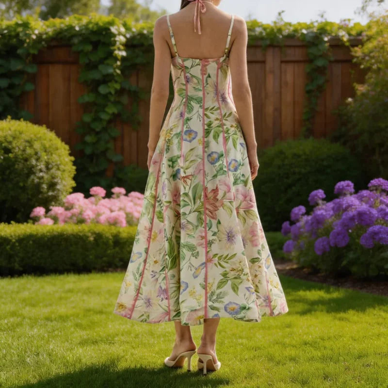 Floral Corset Halter Maxi Dress – Sleeveless, Flowy A-Line, Beach & Evening Luxegan