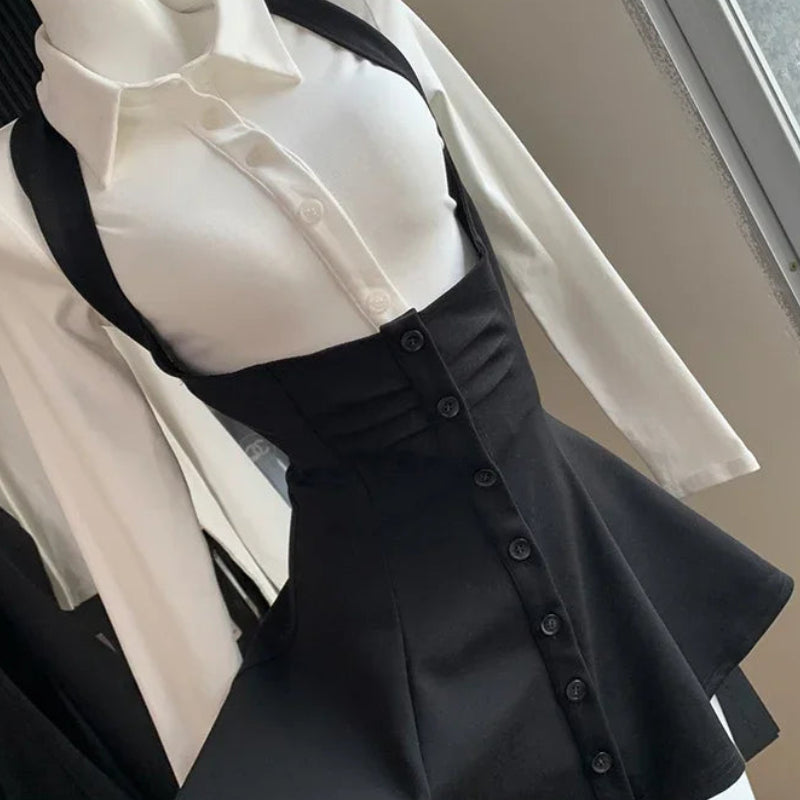 Women's Two-Piece Sexy Chic Halter Dress Set | Fashionable Polo Neck Button-Up Shirt & Slim Mini Dress | Casual Solid Color Autumn/Winter A-Line Outfit Luxegan