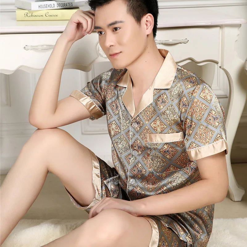 Men's Premium Ice Silk Pajama Set | Luxury Paisley Long-Sleeved Sleepwear Suit | Thin Turn-Down Collar Nightwear | Plus Size High-Quality Home Clothes Male Suit Model SY5004 Luxegan