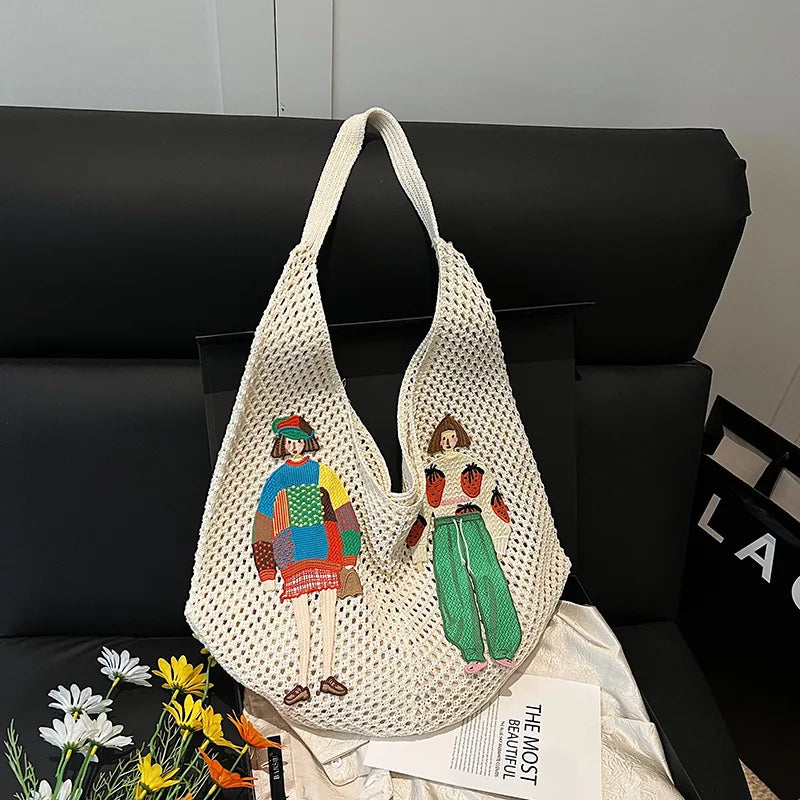 Hollow Mesh Knitted Shoulder Bag | Slouchy Chic Cartoon Beach Tote | Lightweight Laid-Back Woven Handbag | Spring & Summer Versatile Nylon Satchel for Women Luxegan