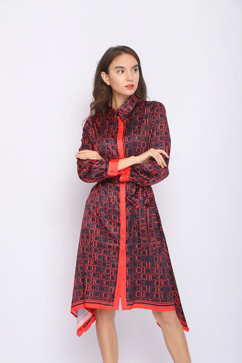 Asymmetric Hem Print A-Line Midi Dress | Turn-Down Collar Long Sleeve Empire Waist Party Dress Luxegan
