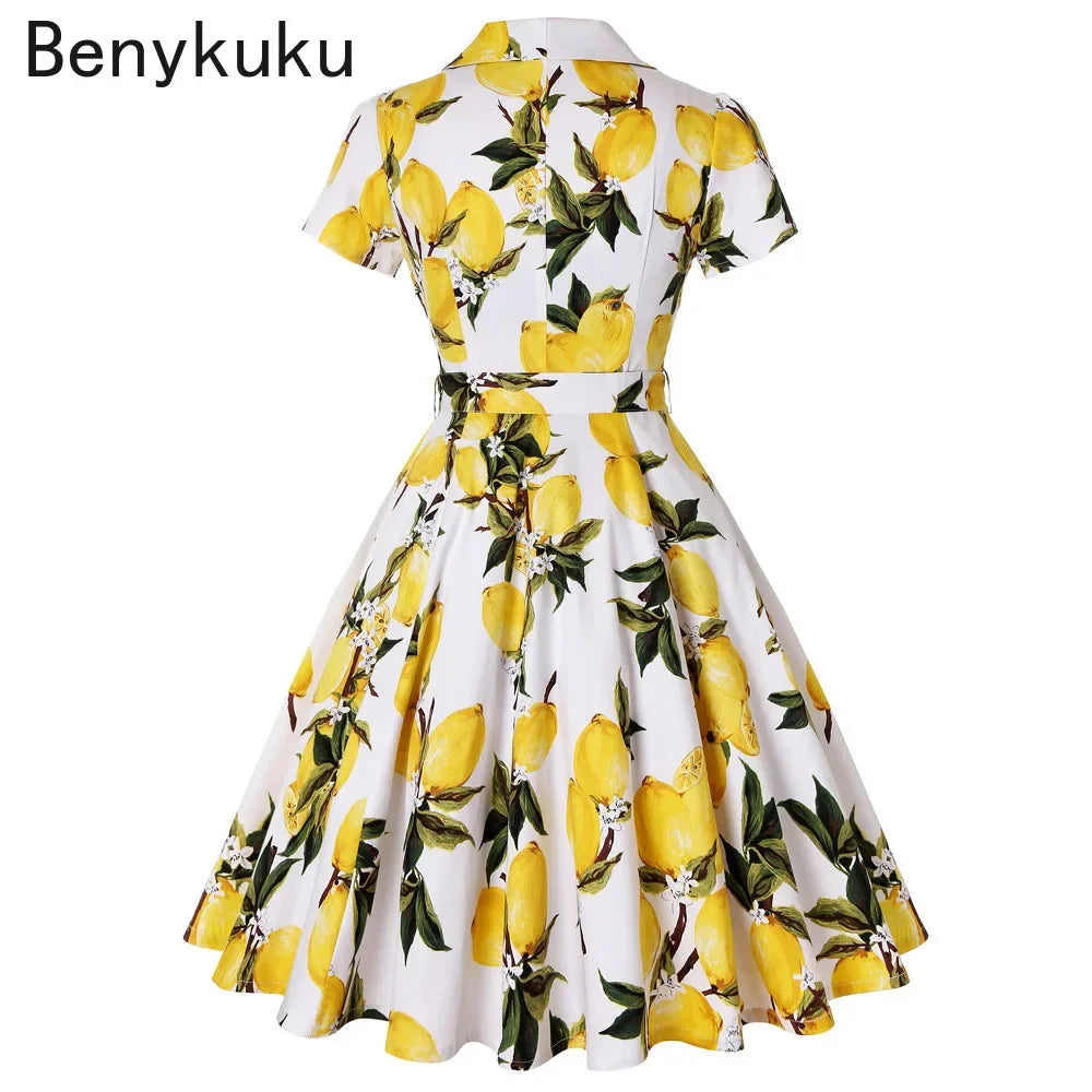 Hepburn Style Lemon Printed Vintage Dresses 1950s 60s Office 2025 Turn Down Collar Short Sleeve Tunic A-Line Belted Cotton Dress