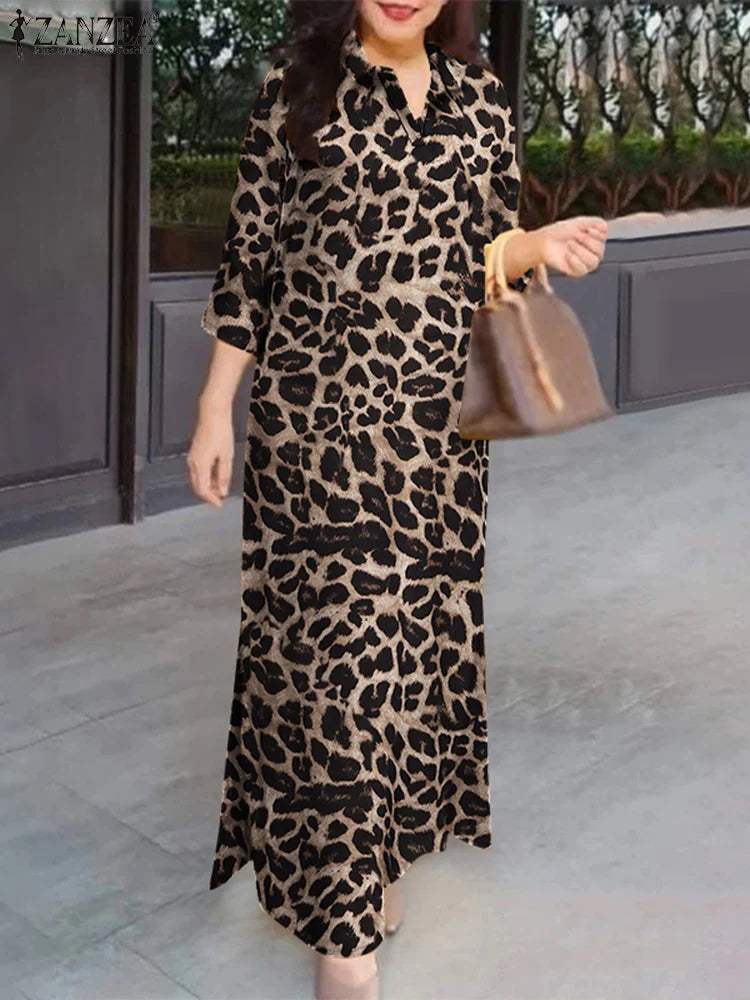 Leopard Print Turn-Down Collar Three-Quarter Sleeve Half-Button Regular Fit A-Line Ankle-Length Dress – Side Slits, Natural Waist, Spring/Summer/Autumn Luxegan