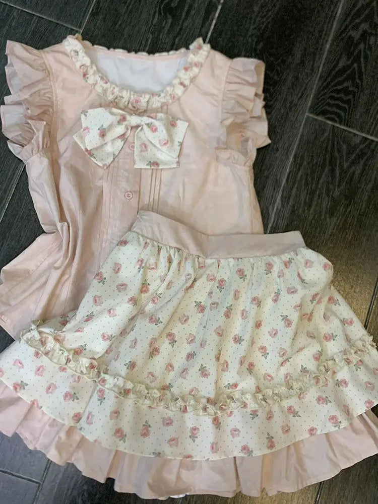 Print Round Neck Short Sleeve Bow Detail Slim Fit Voluminous Mini Skirt 2-Piece Set – Summer Luxegan